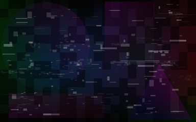 Glitch digital distortions. Video no signal template with random horizontal lines. Television problem. Computer noise effect and geometric shapes. Abstract data elements. Vector illustration