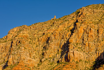 The historic Desert View Watch Tower on the south rim of the Grand Canyon viewed from the Tanner Trail 1600 feet below the tower location.