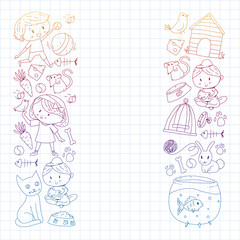 Fototapeta premium Pet shop. Vector illustration with animals, dog, cat, fish, Colorful background with kitten, bird, puppy. Veterinarian clinic.