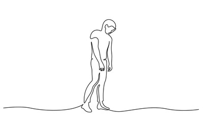 Standing sad man in despair one line drawing