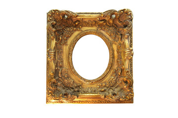 Vintage square frame with swirls for picture or photo, in gold color on white background