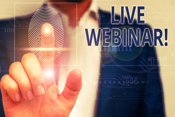 Handwriting text Live Webinar. Conceptual photo presentation lecture or seminar transmitted over...