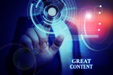 Handwriting text Great Content. Conceptual photo Satisfaction Motivational Readable Applicable Originality Male human wear formal work suit presenting presentation using smart device