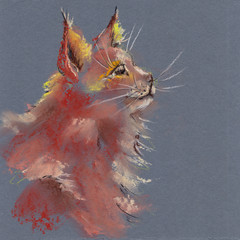 Red cute fluffy cat drawing by pastel