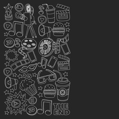 Cinema vector icons. Background with popcorn, movie illustration, musical notes.