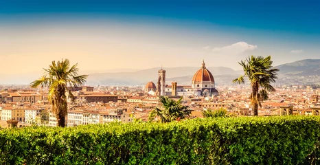 Fotobehang Florence, Italy: scenic view on famous italian town with Duomo and palm trees at sunset © Julia Lavrinenko