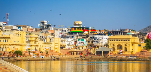 Panoramic view on Holy Lake and city Pushkar, Rajasthan, India.