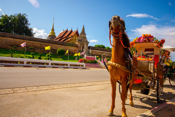 The horse carriage in Lampang at Wat Phra That Lampang Luang , Lampang province in LAMPANG THAILAND