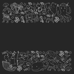 Pirate party. Illustrations for little children. Kids birthday celebration with treasure island, octopus, pirates