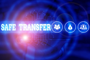 Word writing text Safe Transfer. Business photo showcasing Wire Transfers electronically Not paper based Transaction Woman wear formal work suit presenting presentation using smart device