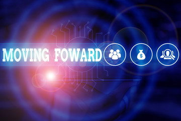 Word writing text Moving Foward. Business photo showcasing Towards a Point Move on Going Ahead Further Advance Progress Woman wear formal work suit presenting presentation using smart device