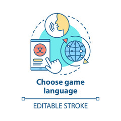 Choose game language concept icon. Select quest translation idea thin line illustration. Multilingual communication. Different linguistic features. Vector isolated outline drawing. Editable stroke
