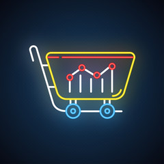 Sell analytics neon light icon. Marketing research. Buying activity. Business analysis. Price fluctuations. Trade graph. Glowing sign with alphabet, numbers and symbols. Vector isolated illustration