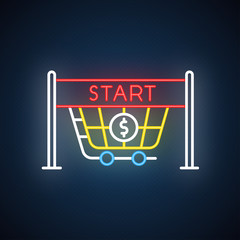 Start selling neon light icon. Store opening. Waiting for buyers. Entrance to supermarket, shopping cart. Trading. Glowing sign with alphabet, numbers and symbols. Vector isolated illustration