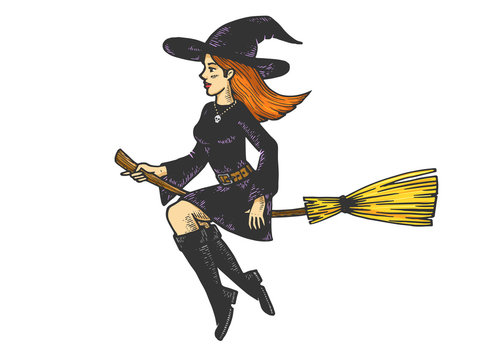 Young beautiful witch girl flying on broomstick sketch engraving vector illustration. T-shirt apparel print design. Scratch board style imitation. Hand drawn image.