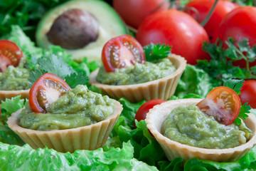 Canapes with guacomole on a vegetable background