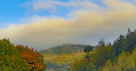 Mountain shelter Wysoki Kamień,autumn landscape 
