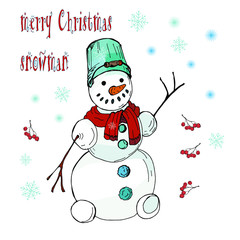 happy Christmas Snowman with bucket on his head, color vector isolated illustration on white backgro und, berries, fir branches 