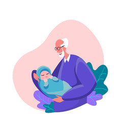 Happy grandfather holding his newborn baby caring and nursing him in hands