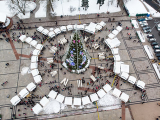 Aerial view of decorated Christmas tree on the Cathedral Square of Vilnius, Lithuania