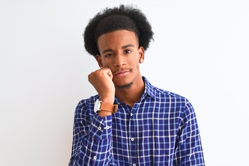 Young african american man wearing casual shirt standing over isolated white background thinking looking tired and bored with depression problems with crossed arms.