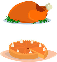 Set for thanksgiving. roast Turkey with herbs, delicious pumpkin pie. objects for design of postcards, flyers, posters