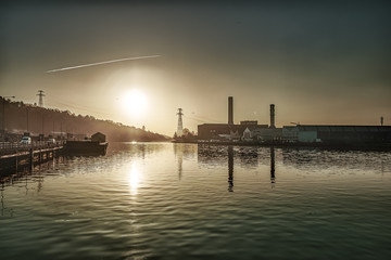 Obraz na płótnie Canvas Cork Ireland city center harbor panorama view morning sunrise cold weather calm river water reflection buildings colors 