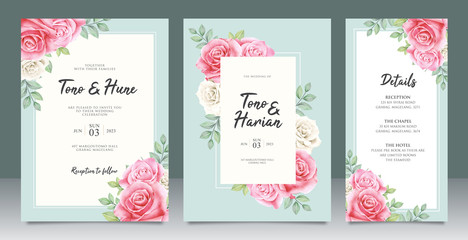 Beautiful wedding card template with beautiful flowers and leaves design
