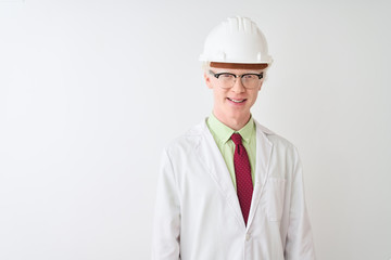 Albino scientist man wearing glasses and helmet standing over isolated white background with a happy and cool smile on face. Lucky person.