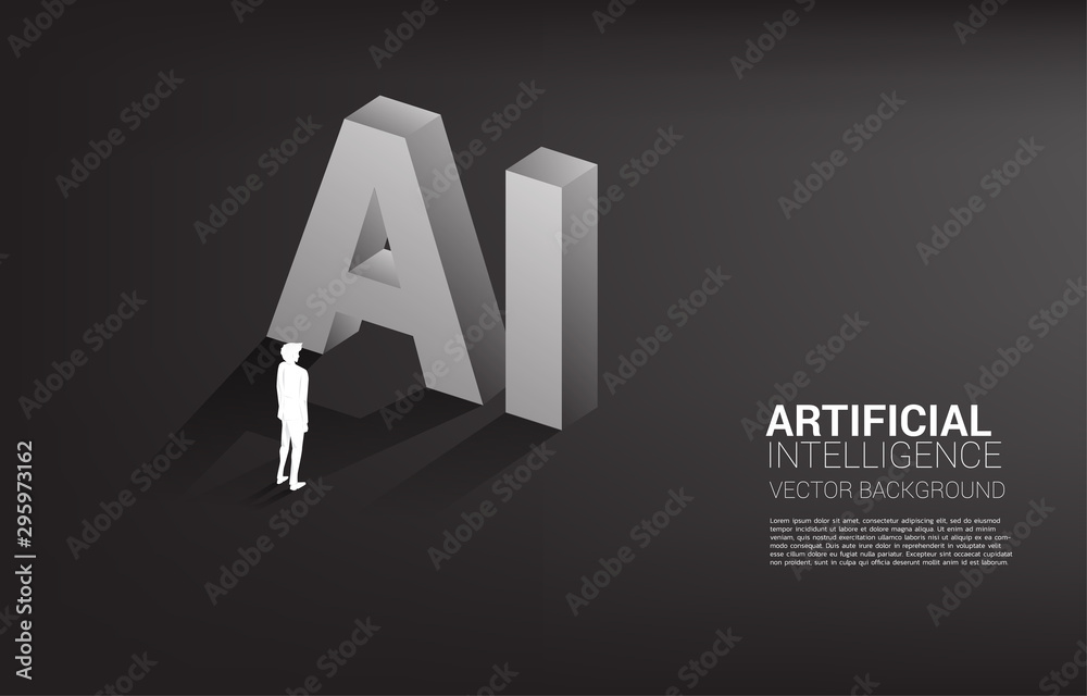 Poster Silhouette of businessman standing with AI text 3D. Business concept for machine learning and a.i artificial intelligence
