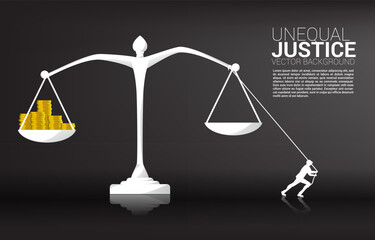 silhouette of businessman pull the balance from money coin. Background concept for fight with unequal justice