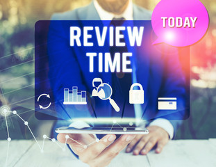 Handwriting text writing Review Time. Conceptual photo to think or talk about something again Set schedule to review man icons smartphone speech bubble office supplies technological device
