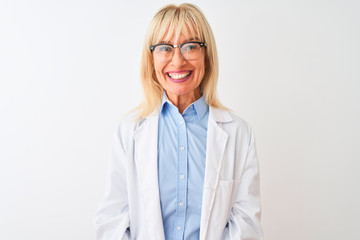 Middle age scientist woman wearing glasses standing over isolated white background with a happy and cool smile on face. Lucky person.