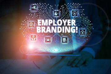 Writing note showing Employer Branding. Business concept for promoting company employer choice to desired target group Male wear formal work suit presenting presentation smart device