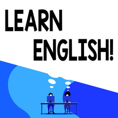 Conceptual hand writing showing Learn English. Concept meaning gain acquire knowledge in new language by study Man with purple trousers sit on chair fellow near computer table