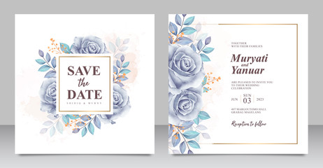 Fototapeta na wymiar Beautiful roses blue watercolor wedding invitation card template