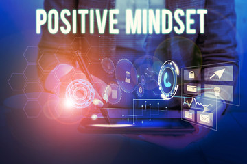 Text sign showing Positive Mindset. Business photo showcasing mental attitude in wich you expect favorable results Woman wear formal work suit presenting presentation using smart device