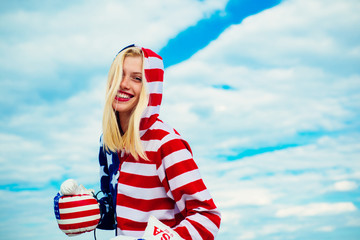 American boxer. Independence Day. 4th of July. Happy cute girl with American flag. Happy young girl...