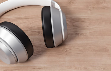 Headphones on wood background, 3d rendering