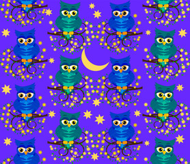 Cute owls at night on the tree. Seamless pattern.