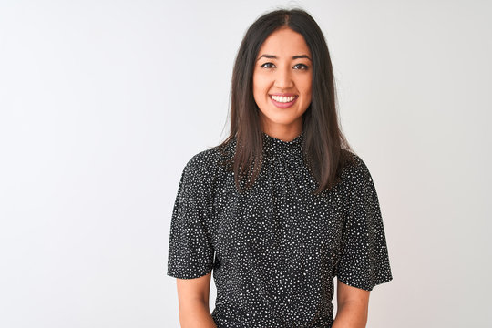 Young chinese woman wearing elegant t-shirt standing over isolated white background with a happy and cool smile on face. Lucky person.