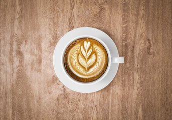 Top view coffee cup on wooden table background, 3d rendering