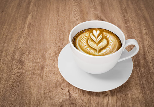 Coffee cup on wooden table background, 3d rendering
