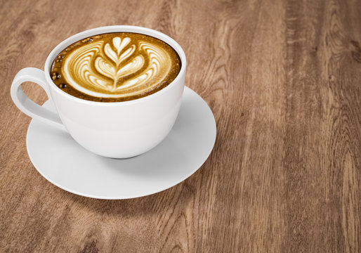 Coffee cup on wooden table background, 3d rendering