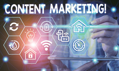 Conceptual hand writing showing Content Marketing. Concept meaning involves creation and sharing of online material Female human wear formal work suit presenting smart device