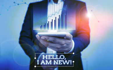 Text sign showing Hello I Am New. Business photo text introducing oneself in a group as fresh worker or student bar char improvement line smartphone computer office technology device