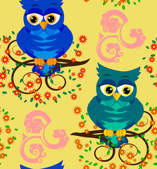 Cute seamless pattern with owls and stars in pastel colors. illustration