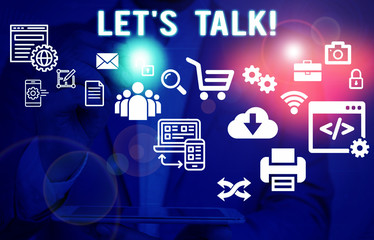 Text sign showing Let S Is Talk. Business photo showcasing suggesting in the beginning of a conversation on the topic Male human wear formal work suit presenting presentation using smart device