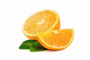 Half of Orange with slice  fruit natureand leaves  on white background.