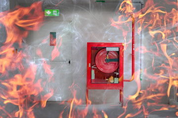 Fire exit door and fire extinguish equipment with flame